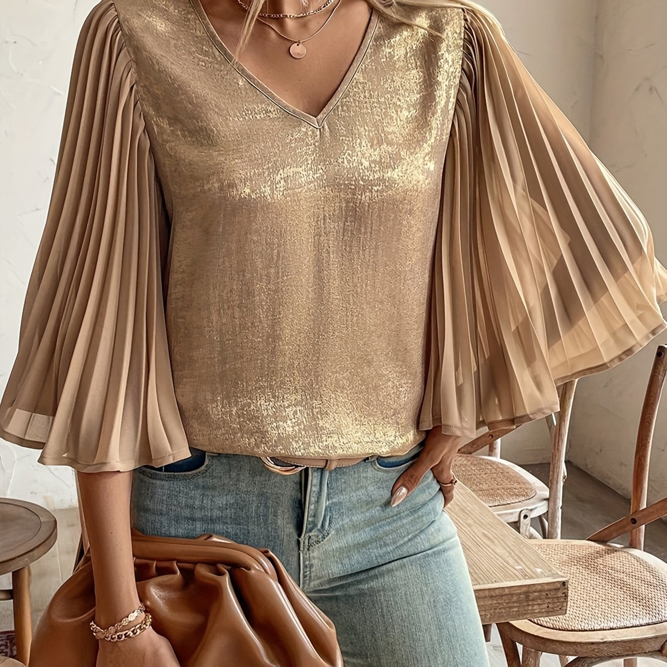 TEMU Elegancka, złota bluzka z wyciętym dekoltem w kształcie litery V i długim rękawem - poliestrowa, przezroczysta siatka, idealna na wiosnę/leto,