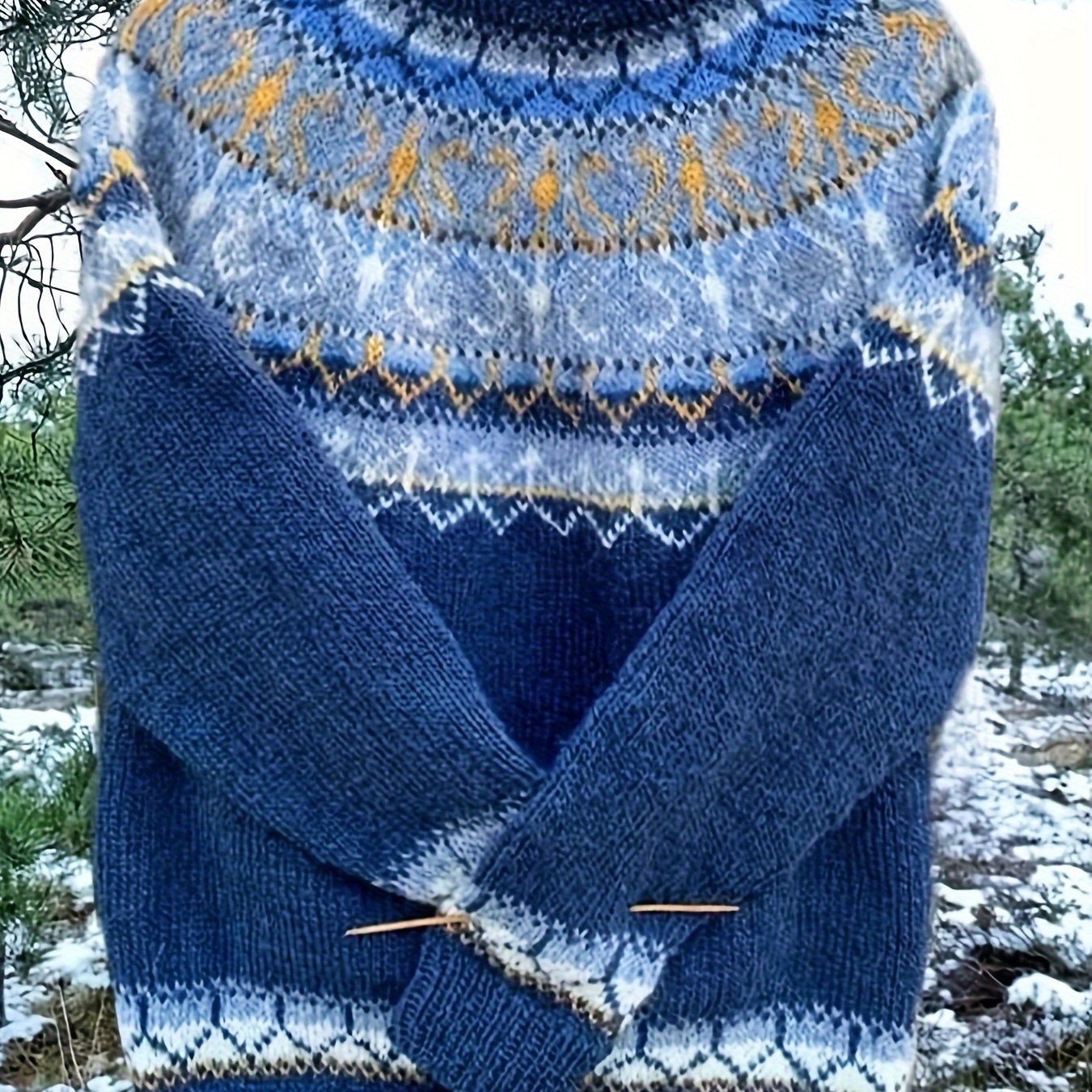 TEMU Sweter Damski Retro z Geometrycznym Wzorem - Miękka, Kolorowe Blokowanie, Okrągły Dekolt, Długi Rękaw, Elegancki Top na Jesień i Zimę, Ciepła