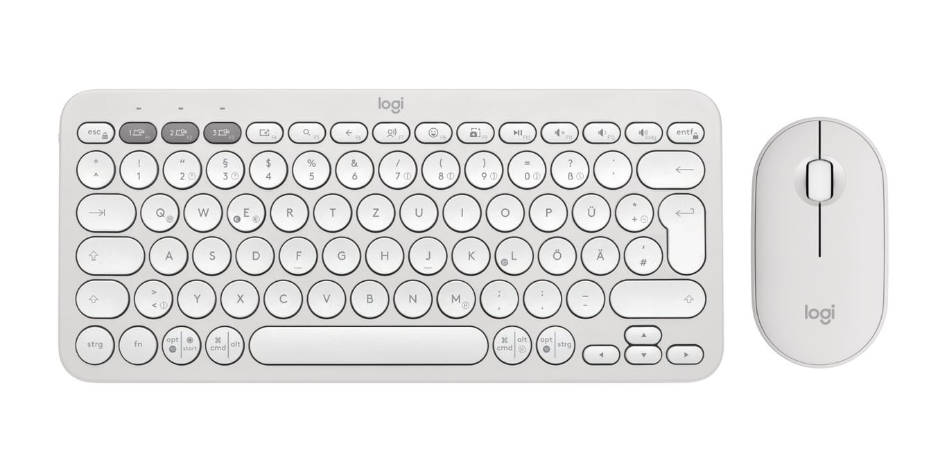 Logitech 920-012204 klawiatura Dołączona myszka Uniwersalne RF Wireless + Bluetooth QWERTZ Niemiecki Biały bezprzewodowa