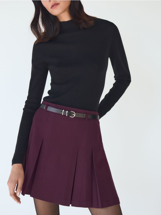 Reserved - Plisowana spódnica z paskiem - bordowy