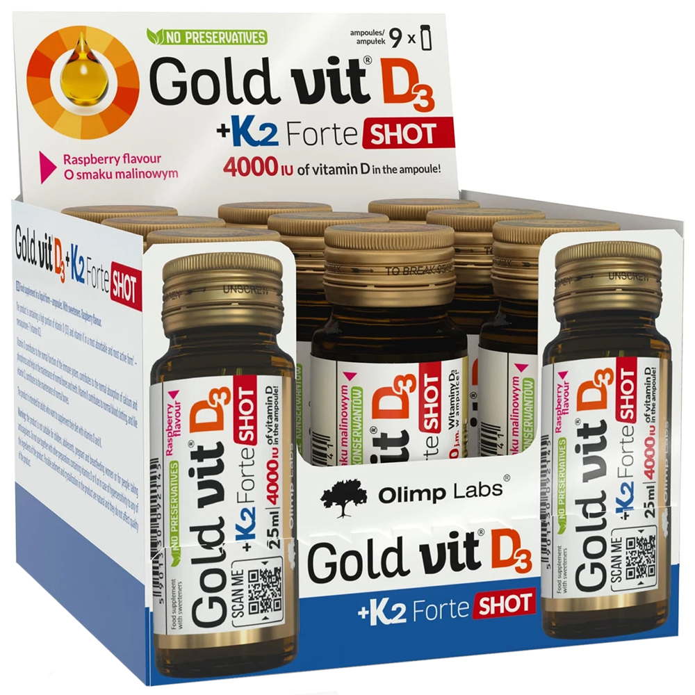 Olimp Gold-Vit D3 + K2 Forte Shot, szklana ampułka, smak malinowy, 9 x 25 ml