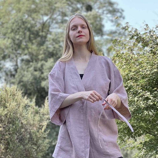 Długie Kimono lniane brudny roz