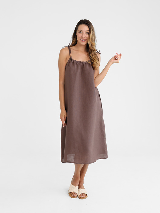 Lniana Sukienka FLORA MIDI dark chocolate