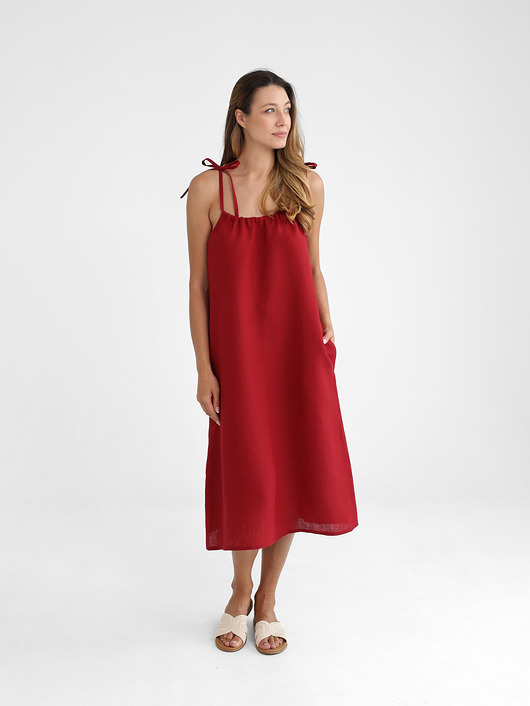 Lniana Sukienka FLORA MIDI red wine