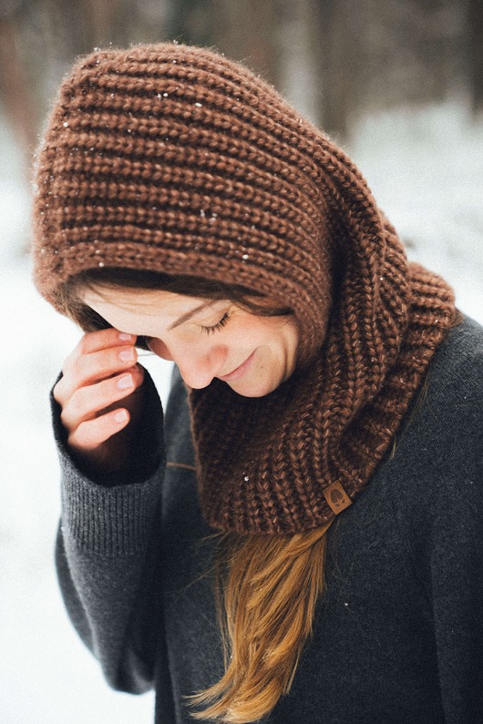 PUSZCZYK - Puchaty Kaptur Balaklava Wełna Merino z Bawełna Brązowy