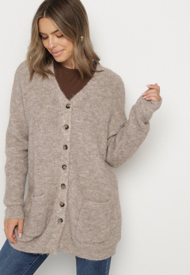 Brązowy Kardigan z Domieszką Wełny ze Wsuwanymi Kieszeniami Esaiana