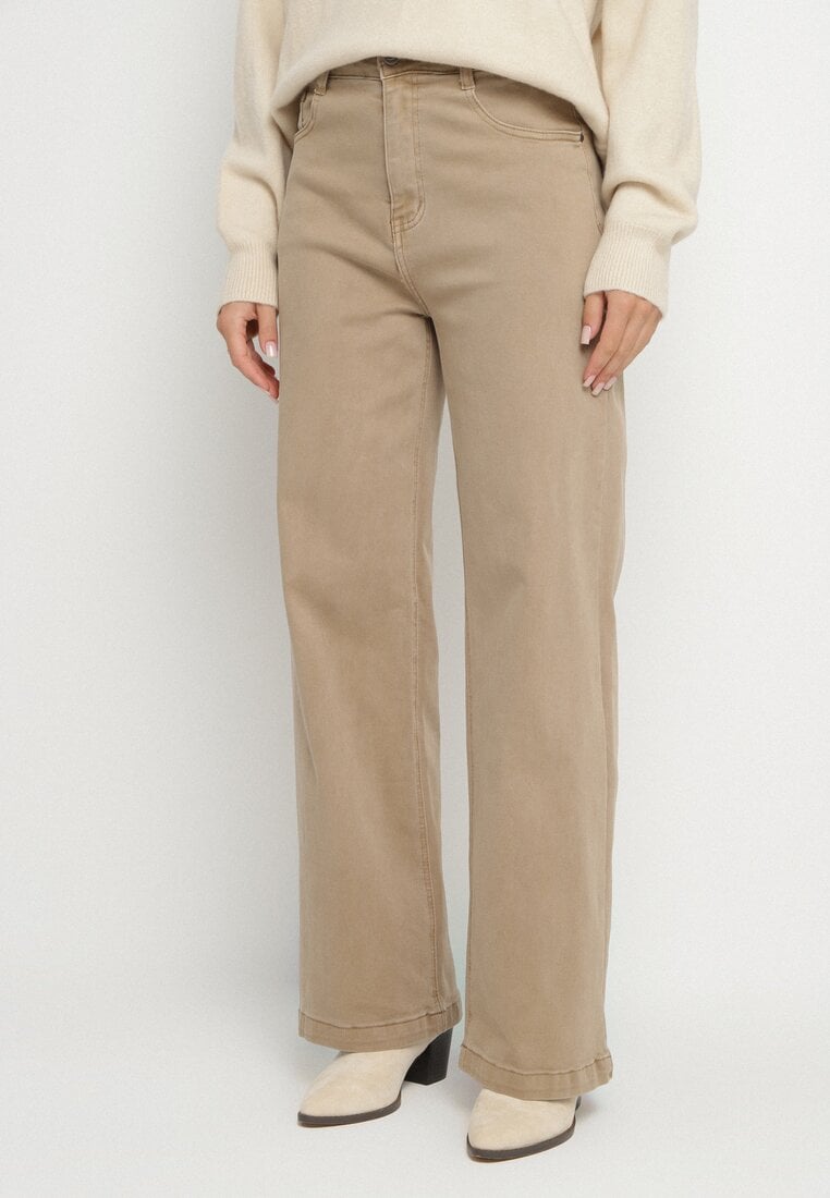 Beżowe Szerokie Jeansy z Bawełny z Regularnym Stanem Nundria