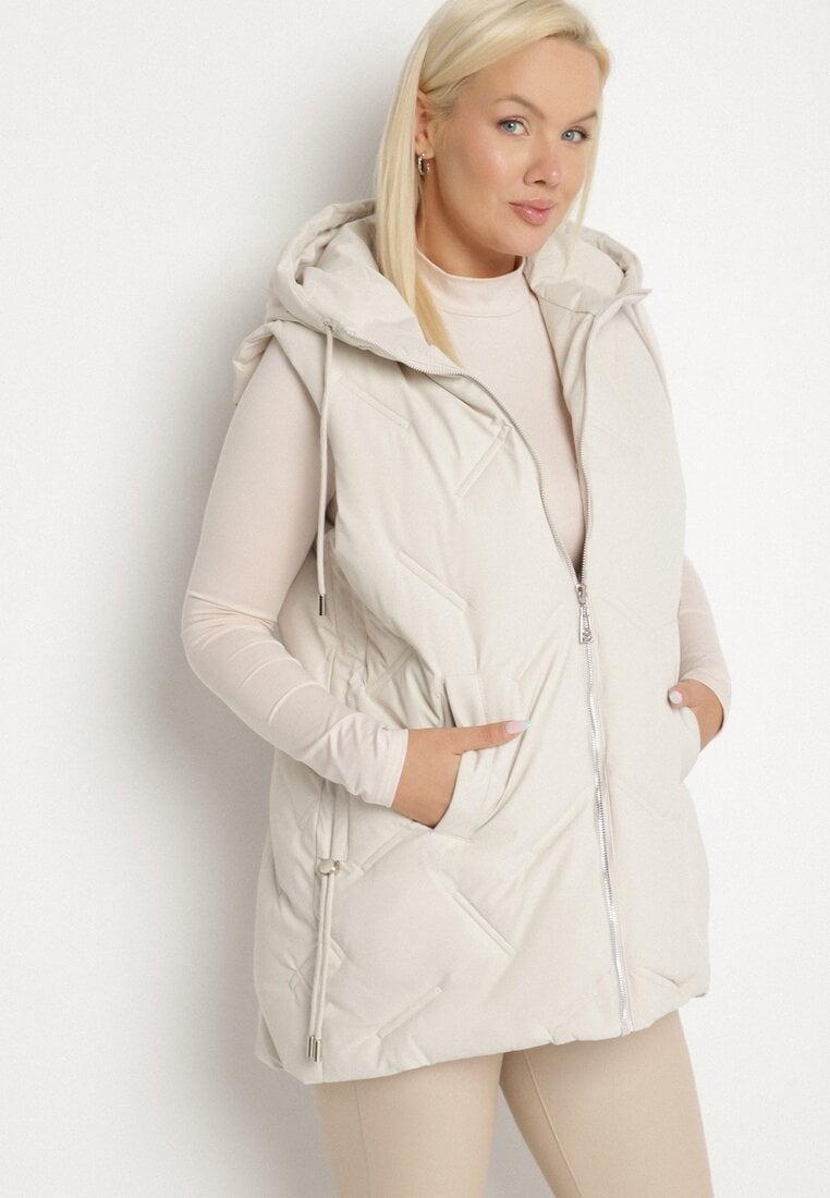 Biała Przejściowa Kamizelka z Pikowanymi Przeszyciami i Kapturem Fesolira