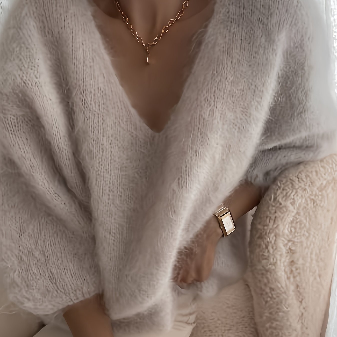 TEMU Sweter damski z miękkiego polaru - dekolt w serek, rękawy 3/4, elegancki sweter jednokolorowy na każdą porę roku do codziennego i formalnego