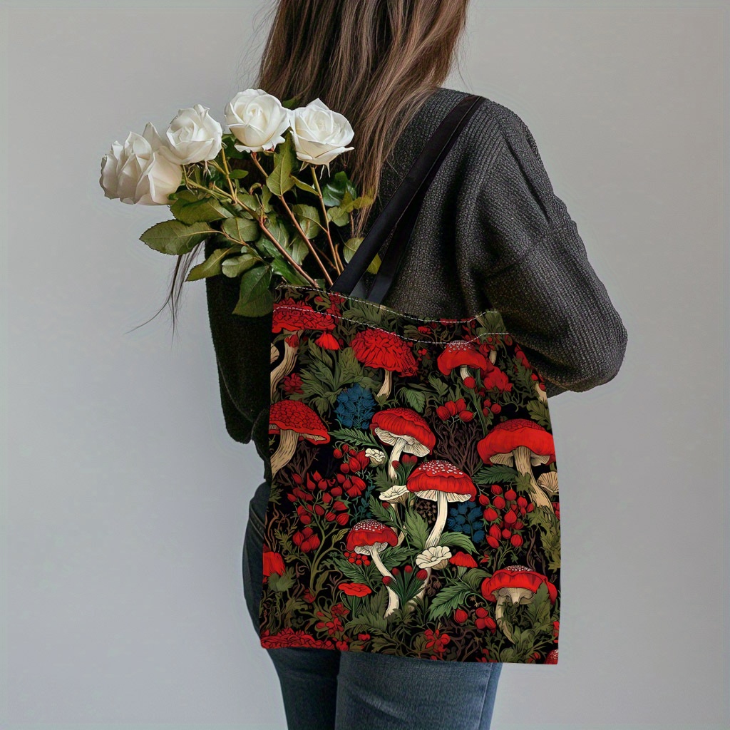 TEMU Czerwony grzyb i kwiatowy nadruk poliestrowa torba - Trwała, łatwa do przenoszenia torba na ramię do dojazdów i zakupów, idealny prezent dla