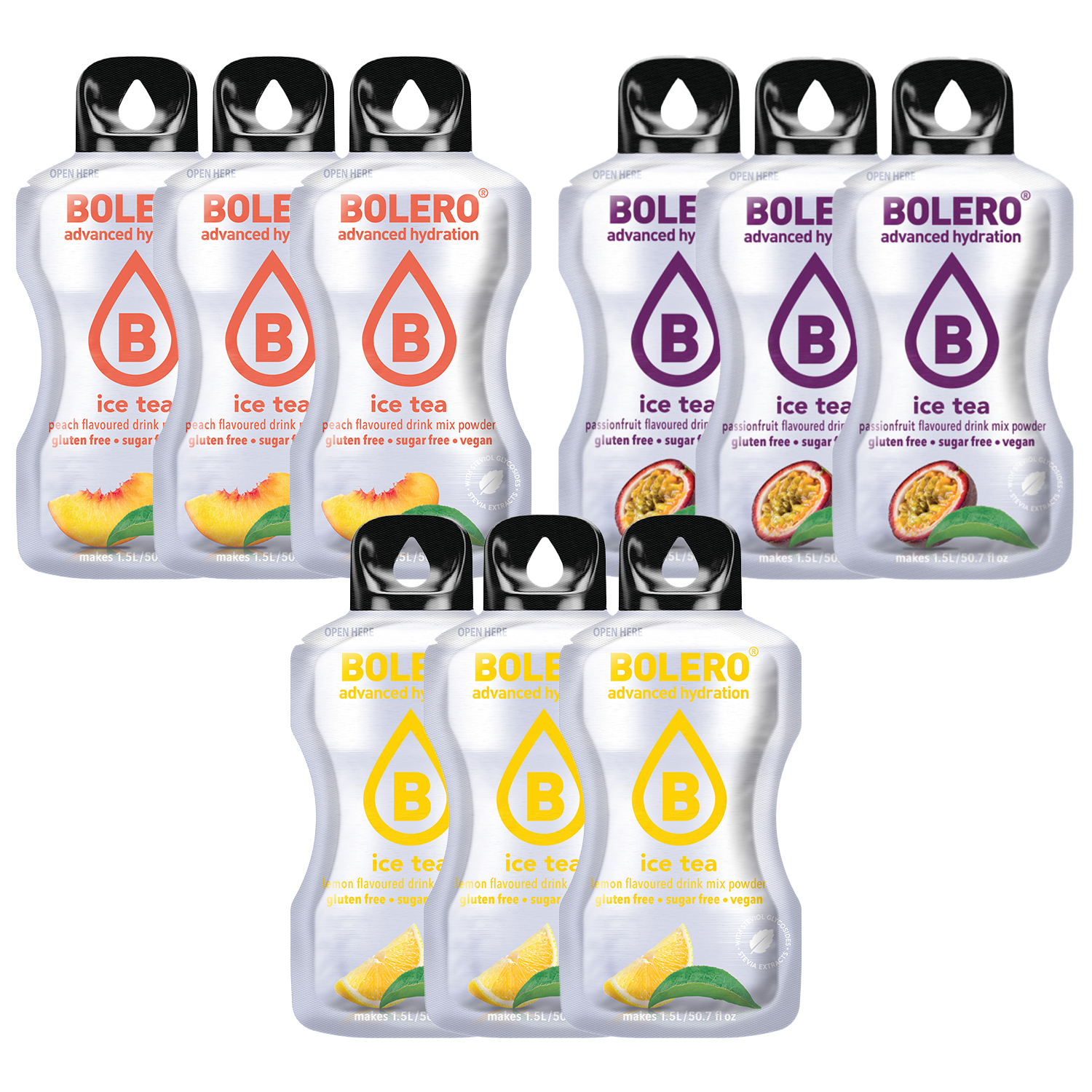 Zestaw Bolero Ice Tea Peach, napój w proszku, 3 x 8 g + Ice Tea Passion, 3 x 8 g + Ice Tea Lemon, 3 x 8 g