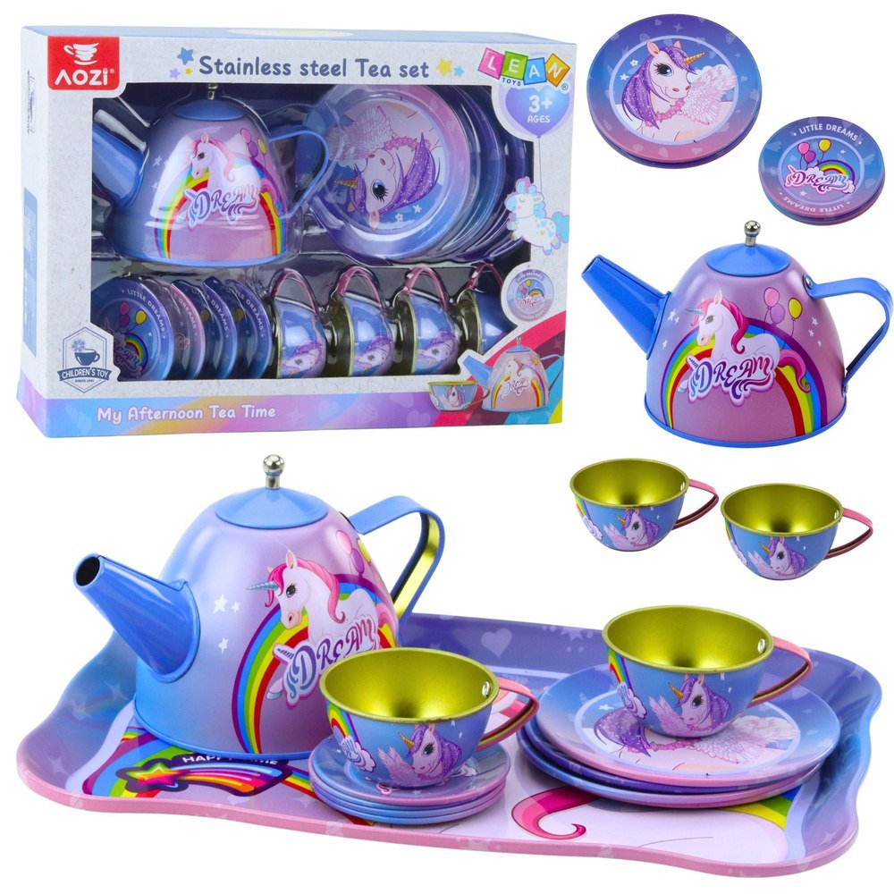 Zestaw Do Herbaty Metalowy Dla Dzieci Filiżanki Czajnik Tacka Jednorożec LEAN Toys