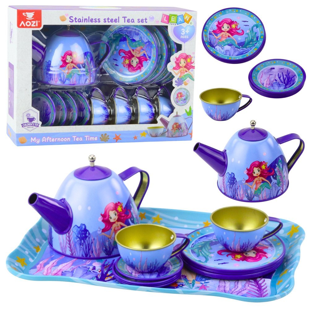 Zestaw Do Herbaty Metalowy Dla Dzieci Filiżanki Czajnik Tacka Syrenka LEAN Toys