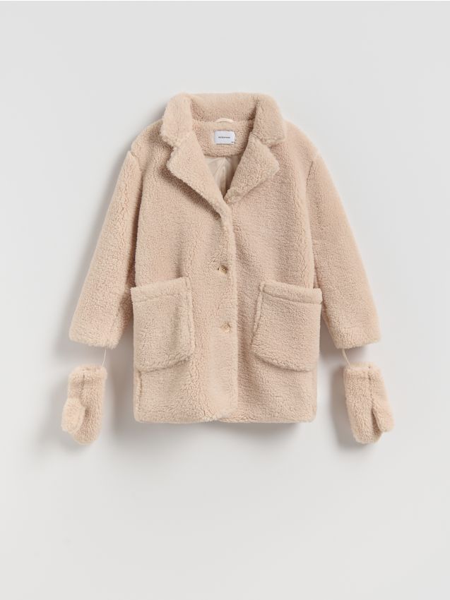 Reserved - Kurtka z imitacji baranka z rękawiczkami - beżowy