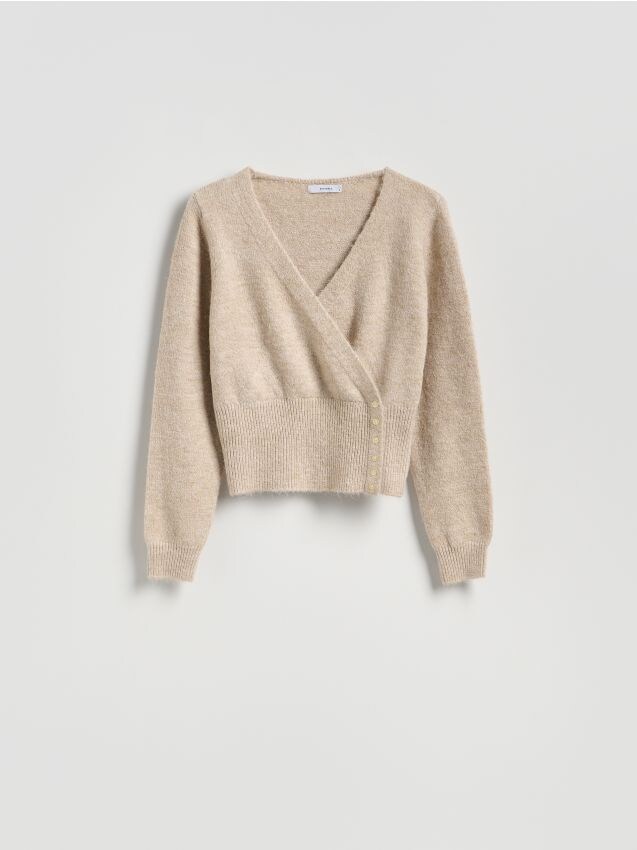 Reserved - Krótki kardigan z kopertową zakładką - beżowy