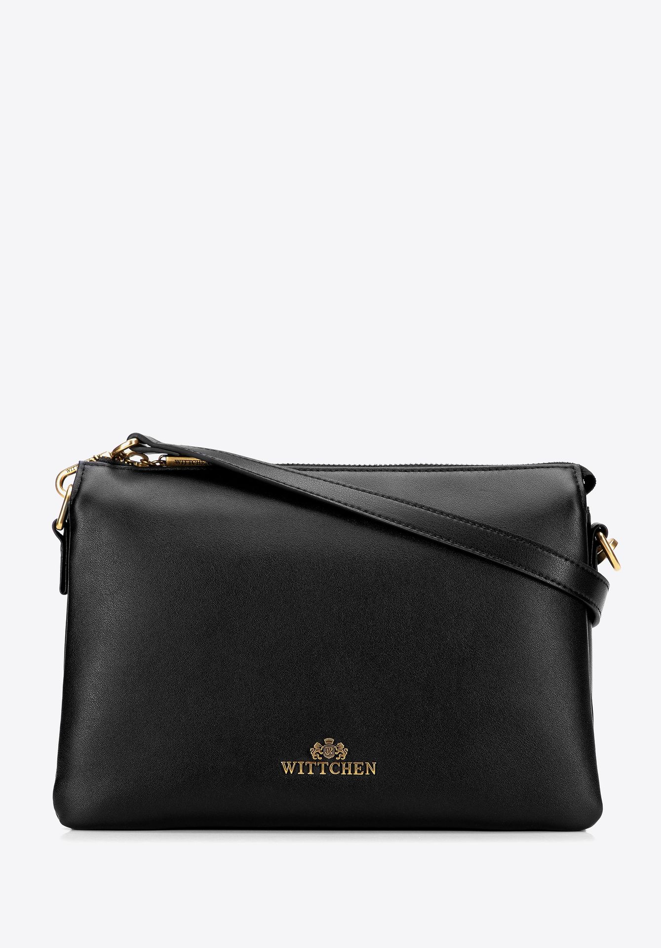 Listonoszka z gładkiej skóry naturalnej trójkomorowa czarno - złota