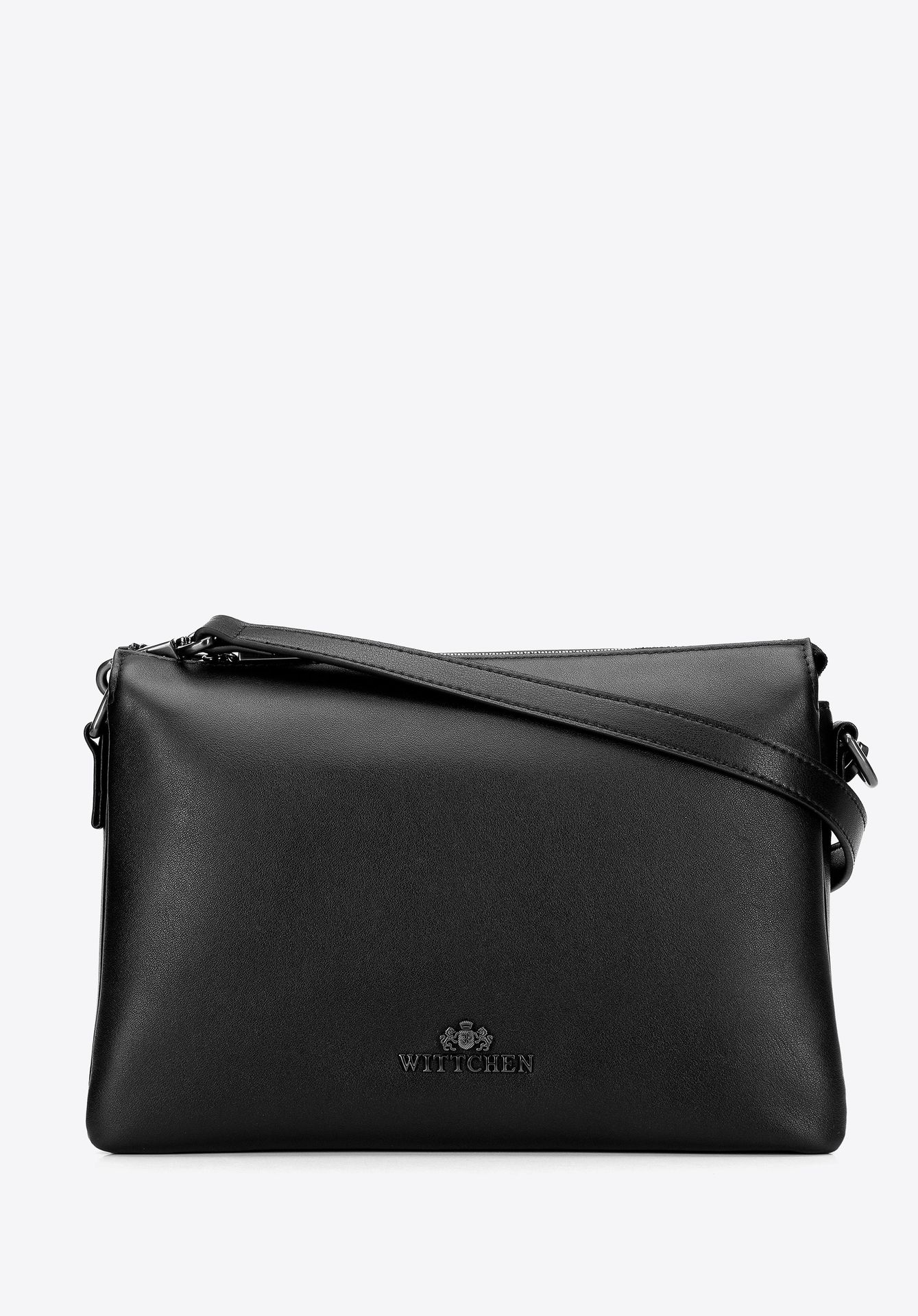 Listonoszka z gładkiej skóry naturalnej trójkomorowa czarno - grafitowa