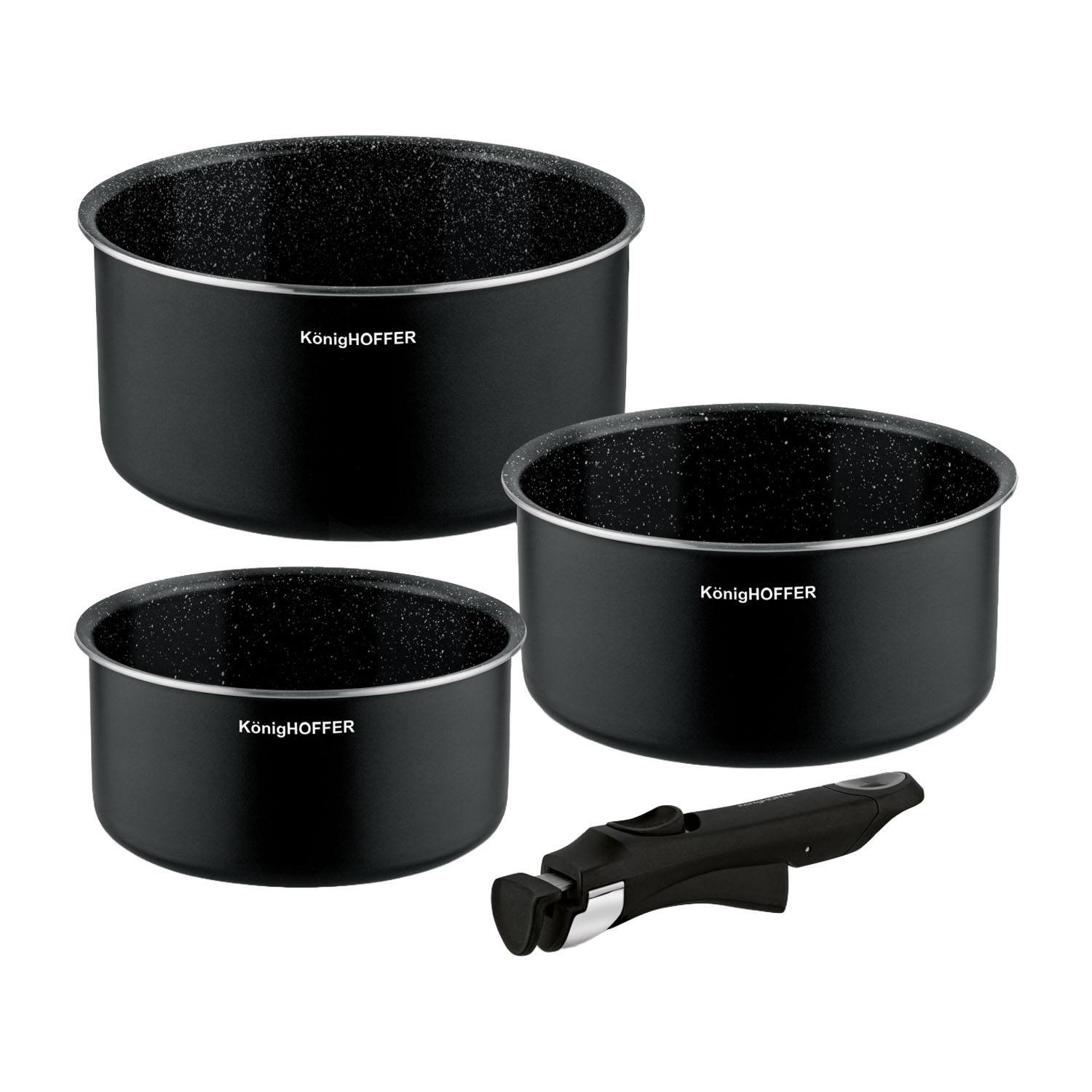 Zestaw garnków Konighoffer Spinel Black, 16/18/20 cm, odpinana rączka, czarne