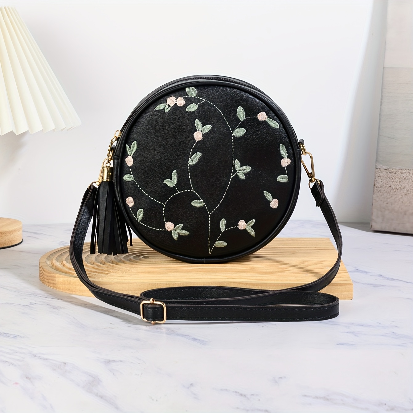 TEMU Stylowa damska torba crossbody z frędzlami, mały okrągły design, haftowane płatki, minimalistyczna torba na ramię, świeża torba na telefon.