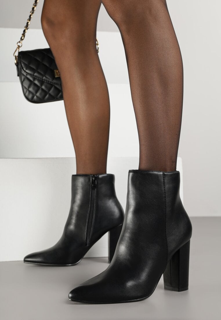 Czarne Eleganckie Botki do Kostki na Słupkowym Obcasie Tevitta