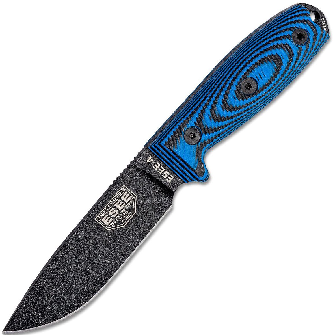 ESEE-4 czarna klinga, niebiesko-czarna rękojeść G-10 3D, czarna pochwa 4PB-008