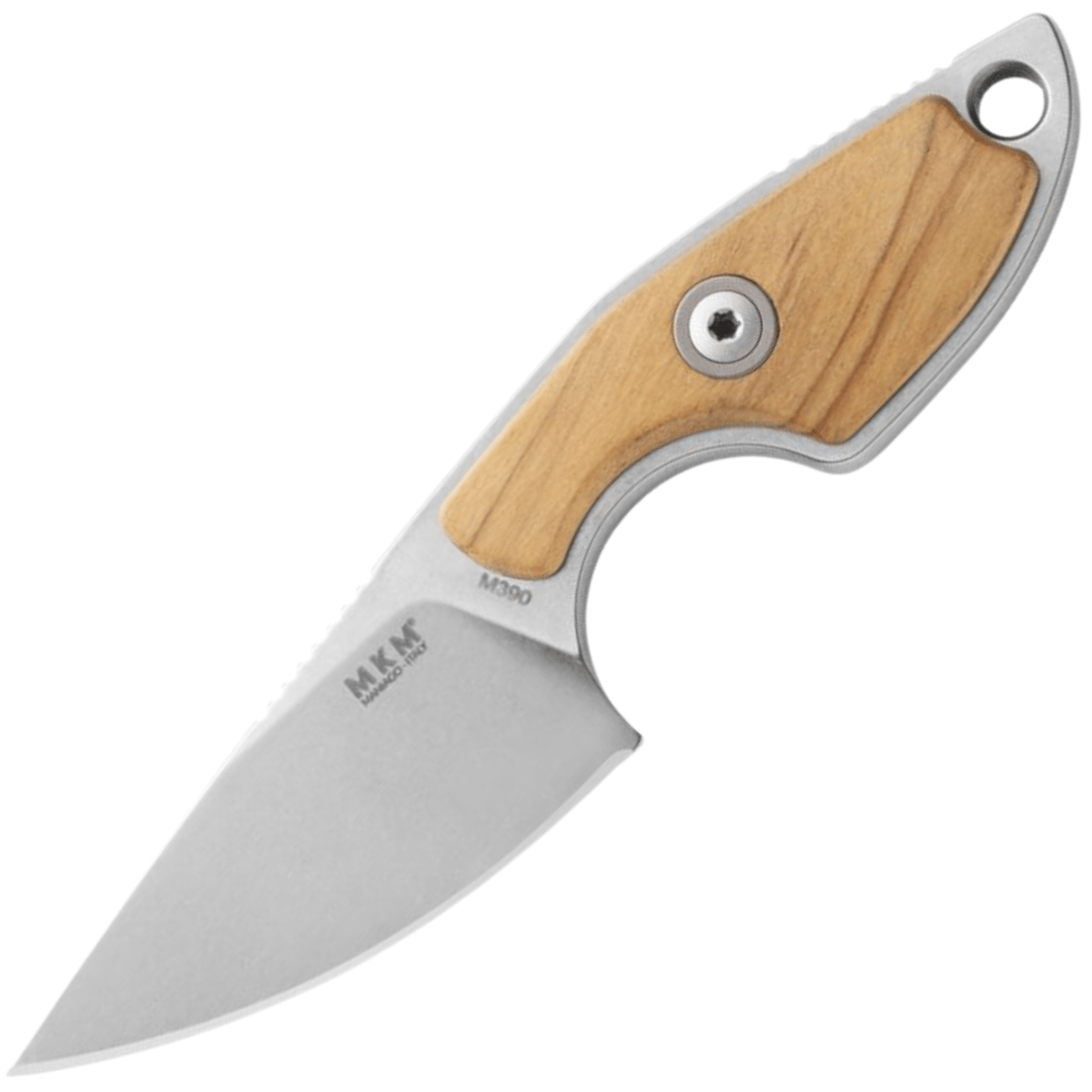 MKM MIKRO 1 – M390 SATIN DROP POINT Nóż stały, RĘKOJEŚĆ Z DREWNA OLIWKOWEGO, +SKÓRZANA POCHWA KIESZO