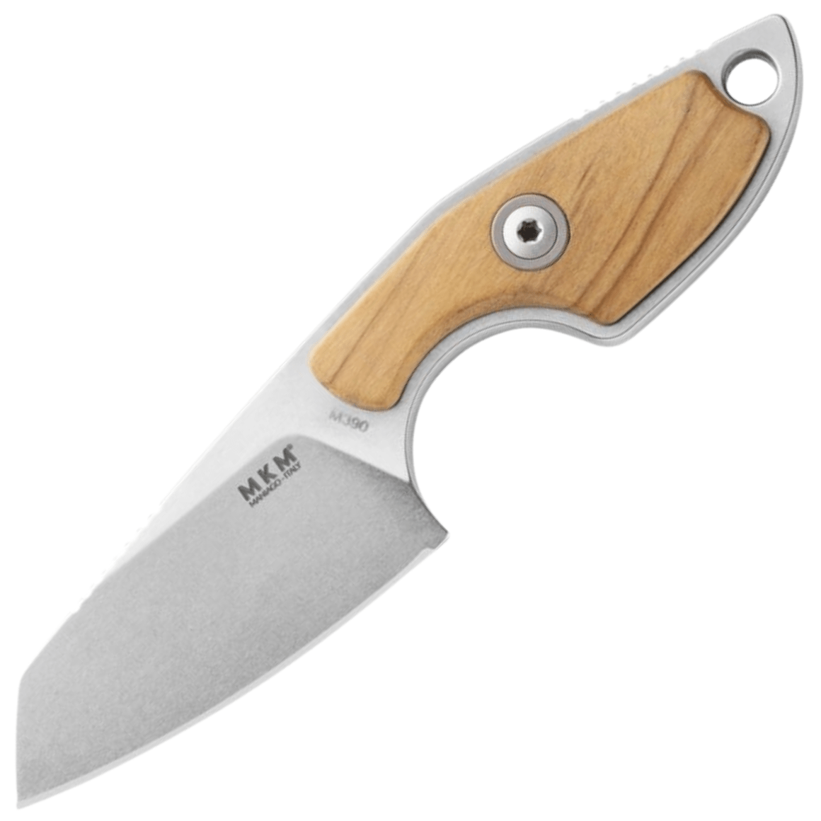 MKM MIKRO 2 – M390 SATIN SHEEPSFOOT Nóż stały, RĘKOJEŚĆ Z DREWNA OLIWKOWEGO, +SKÓRZANA POCHWA KIESZO
