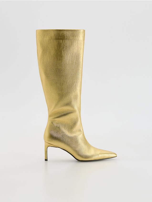 Reserved - Skórzane kozaki na szpilce - złoty