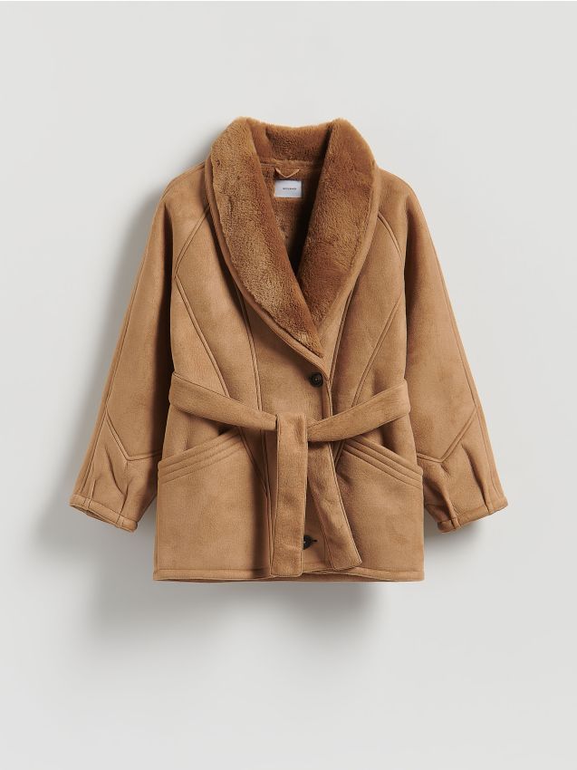 Reserved - Kurtka z imitacji zamszu - beżowy