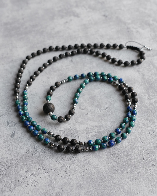 Bardzo długi naszyjnik unisex z lawy i jadeitu