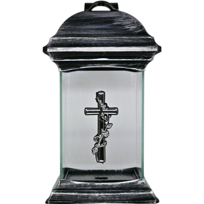 Znicz kapliczka szklana z aplikacją krzyż srebrny 14,5 x 26 cm srebrny