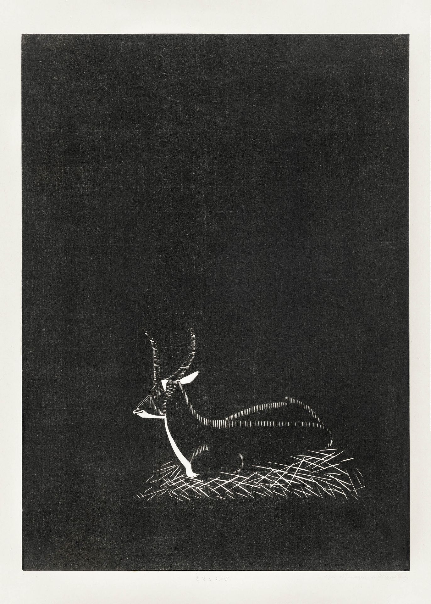 Plakat antylopa drzeworyt de Mesquita czarno-biały vintage