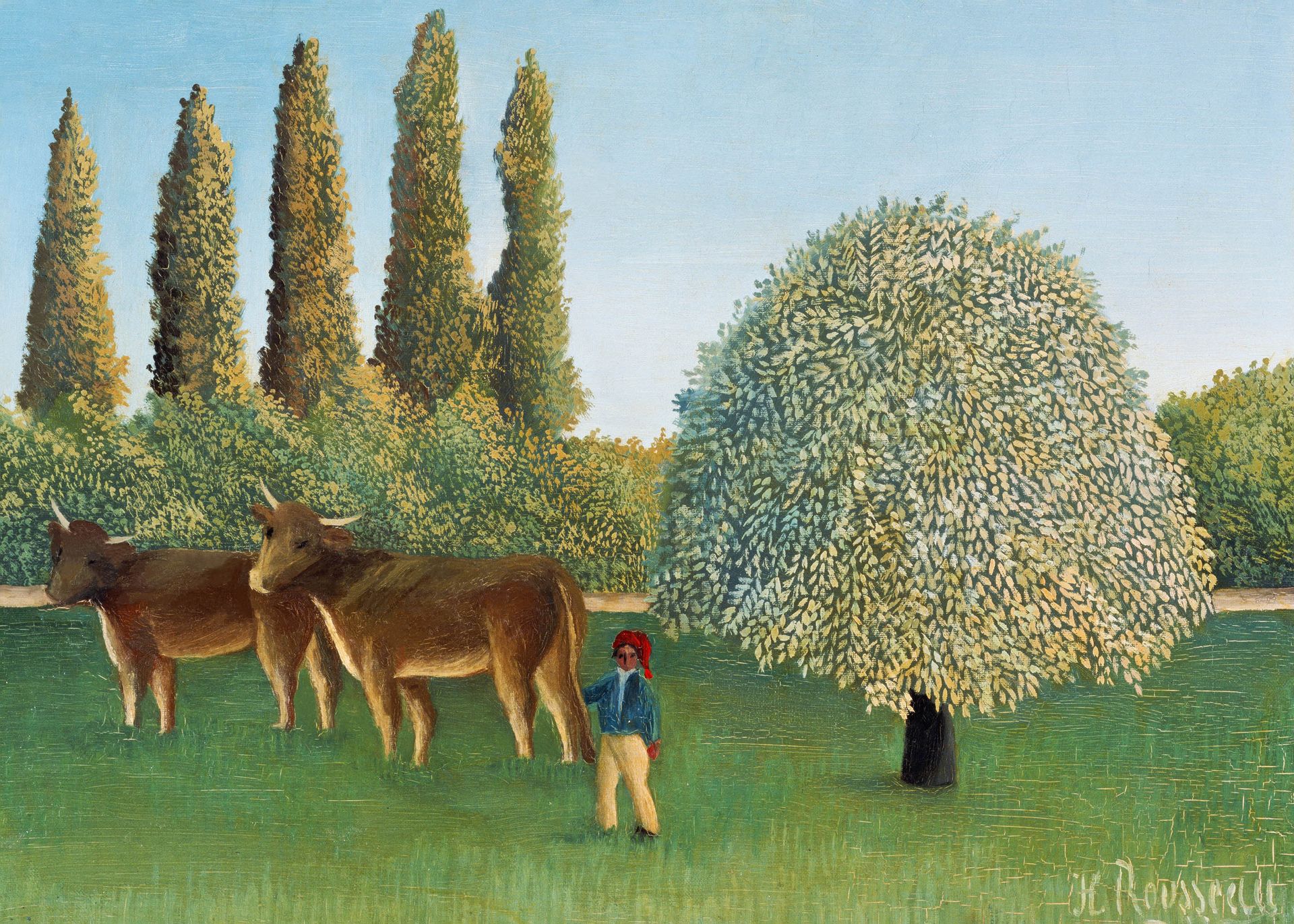 Plakat Łąka Henri Rousseau pejzaż wiejski z bydłem i pasterzem