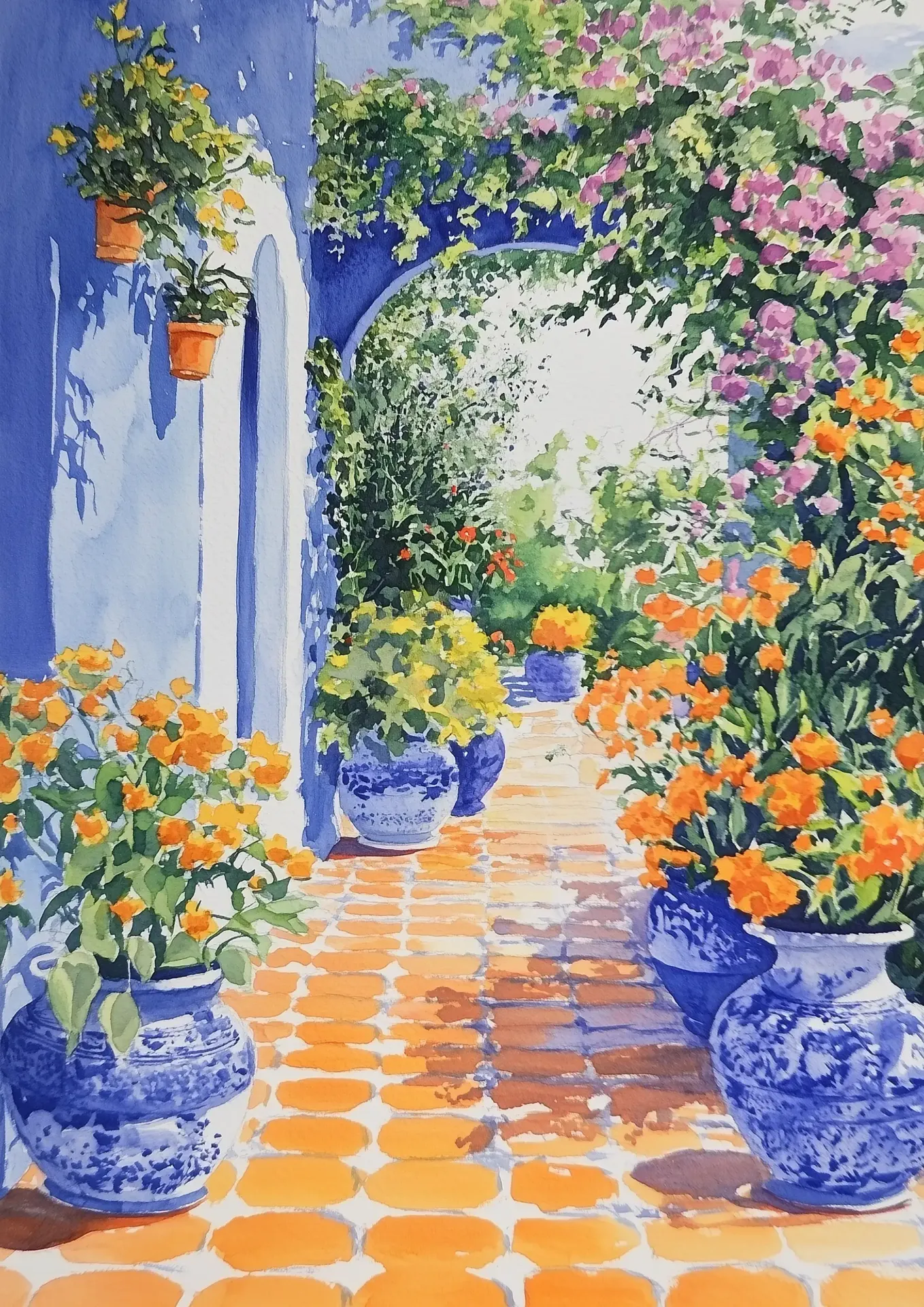 Plakat Patio z kwiatami i błękitnymi wazonami