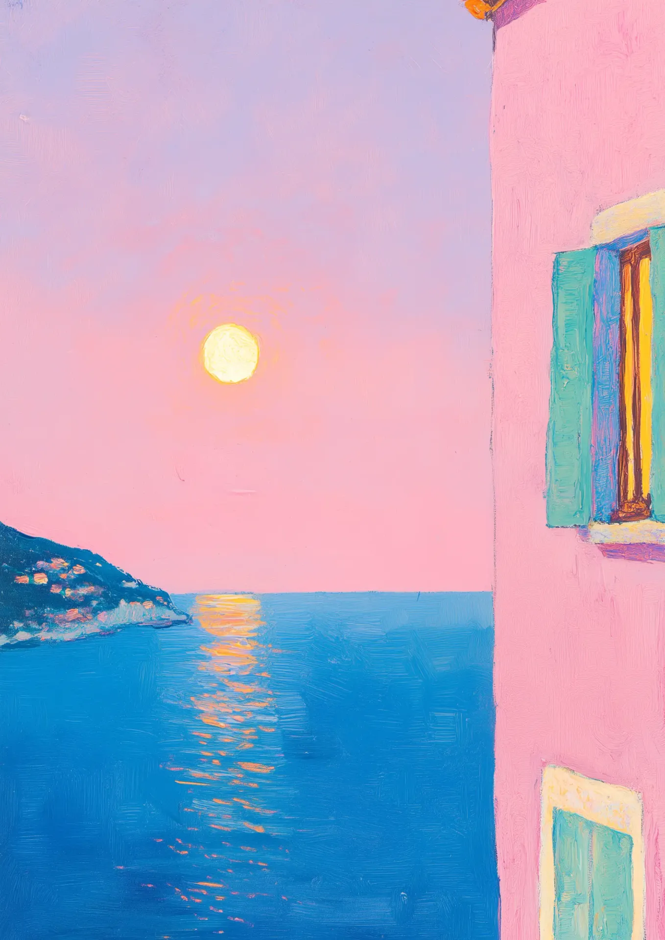 Plakat Morze i księżyc w pastelowych kolorach