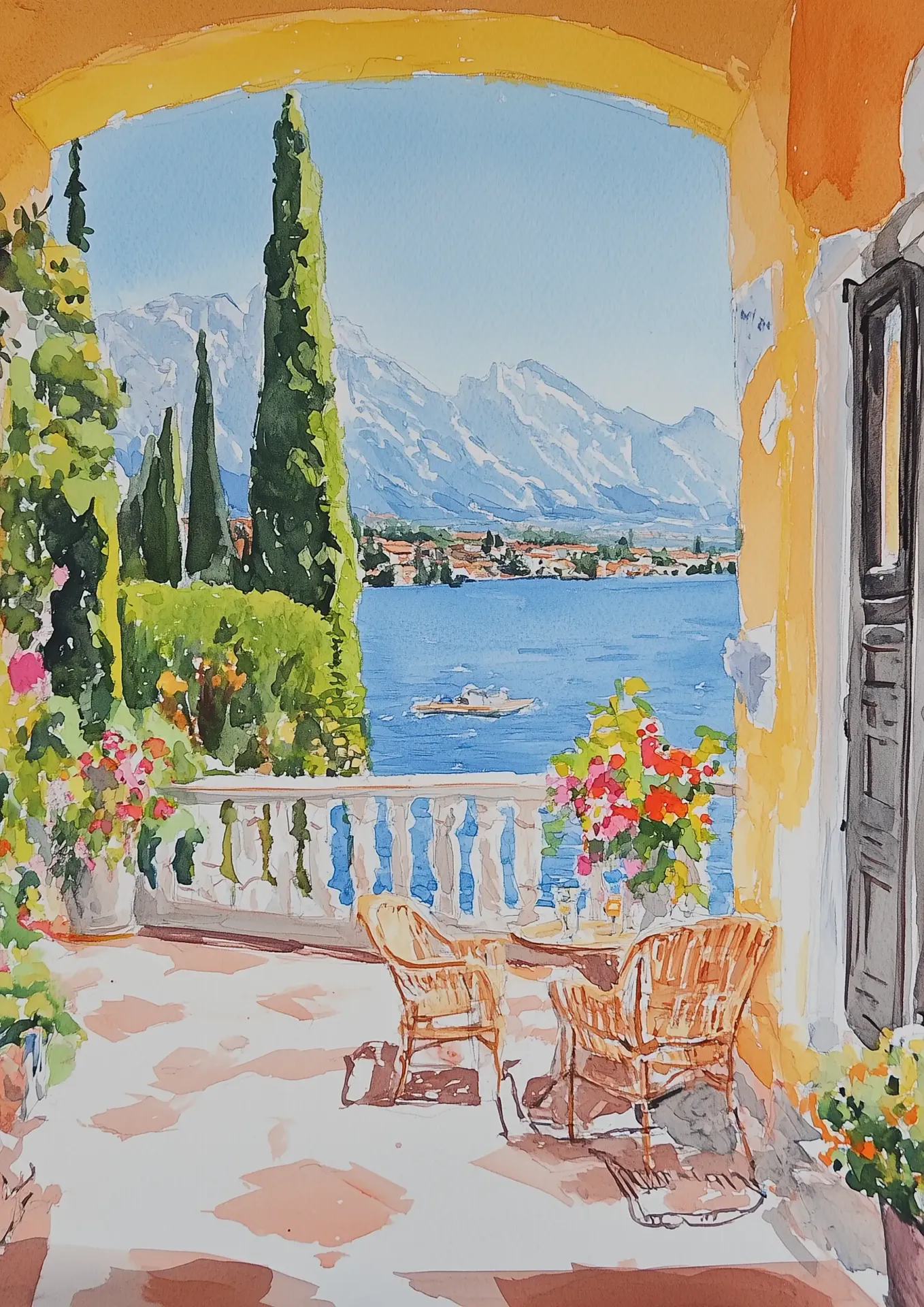 Plakat Widok na jezioro z tarasem i kwiatami we Włoszech