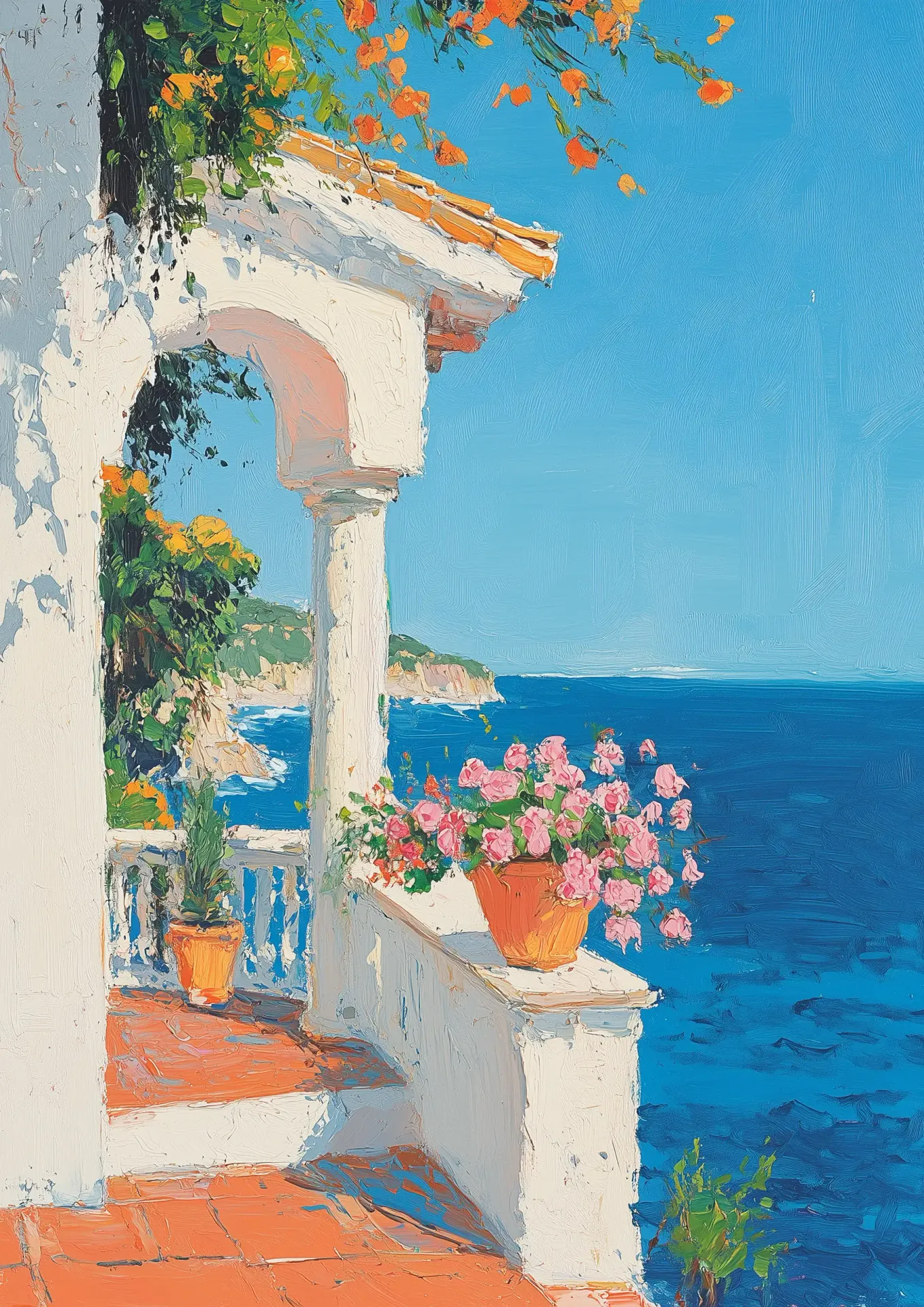 Plakat Taras z widokiem na morze i kwiaty olejny