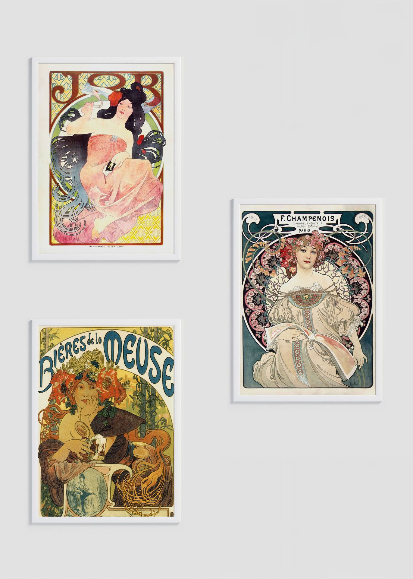 Zestaw 3 plakatów Alfons Mucha: Job, F. Champenois, Bieres de la Meuse