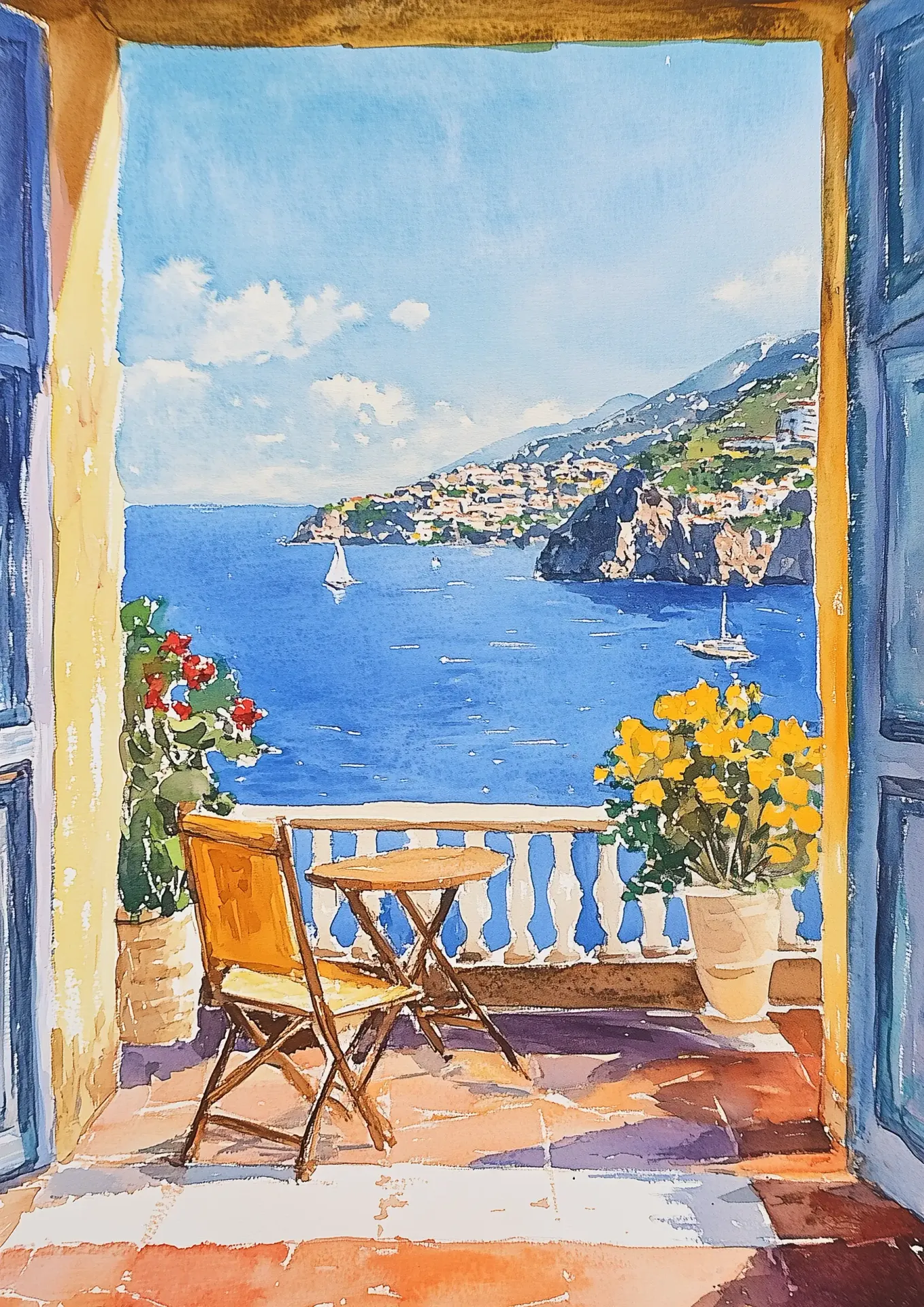 Plakat Balkon z widokiem na lazurowe morze i skały