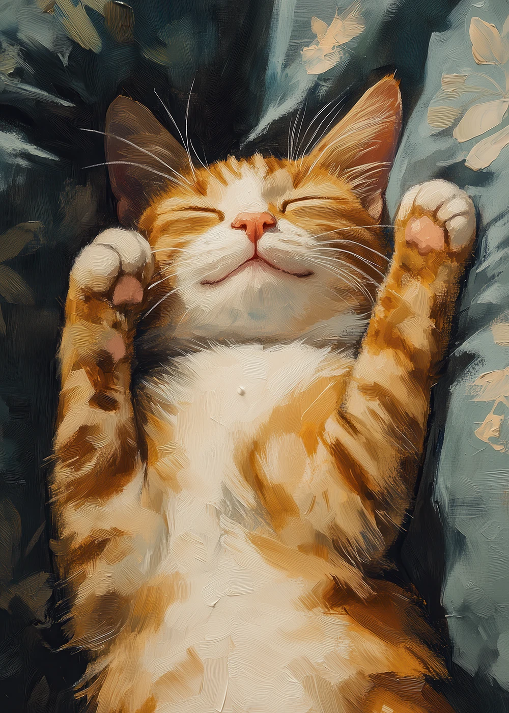 Plakat Rudy kot przeciąga się na łóżku