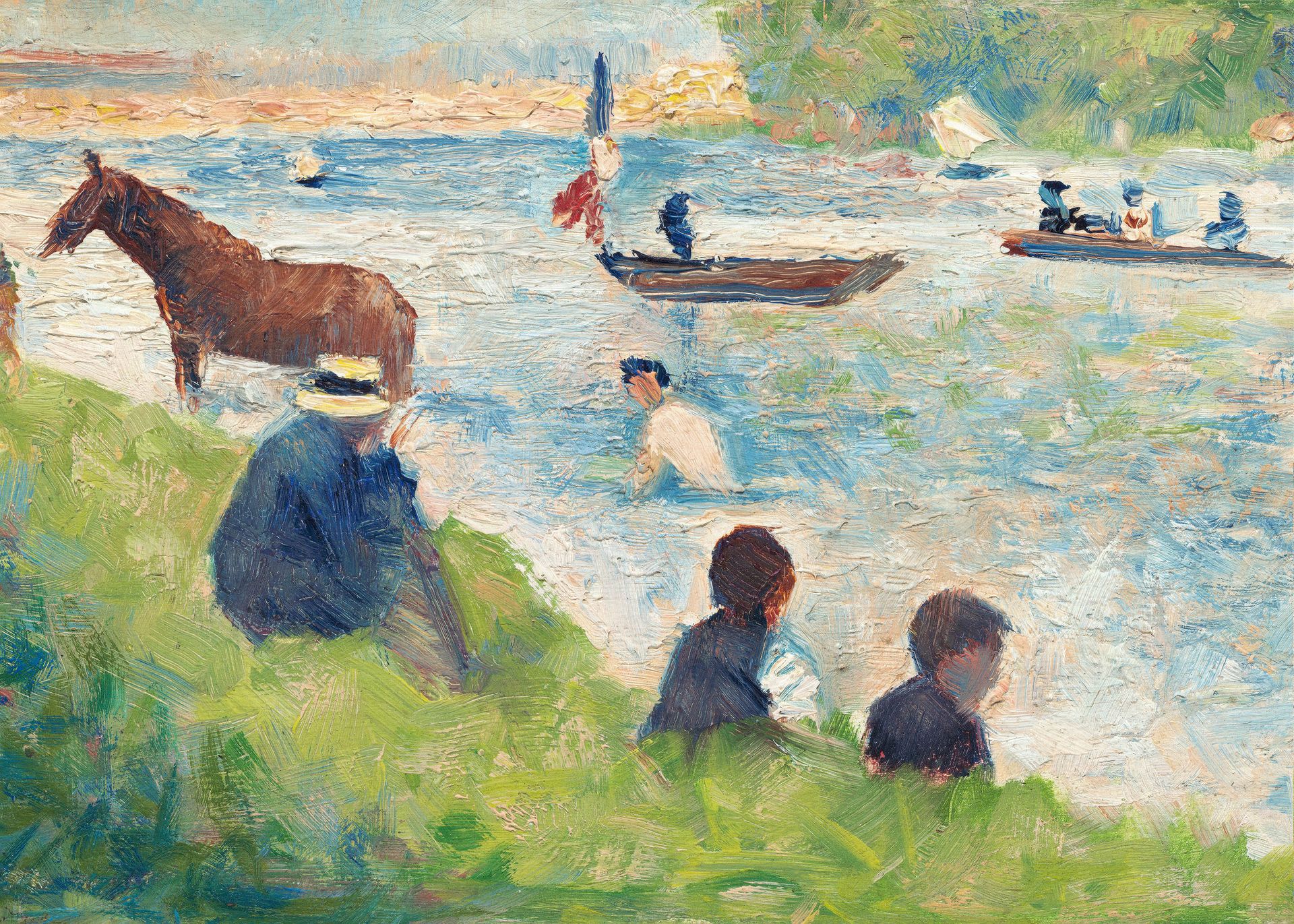Plakat Georges Seurat scena nad rzeką pointylizm XIX w. koń łódki