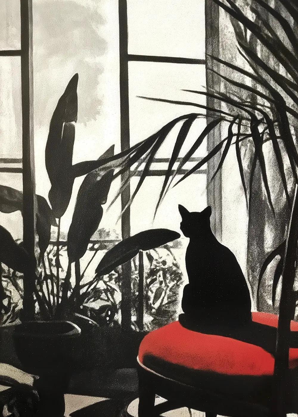 Plakat Czarny kot na czerwonym krześle