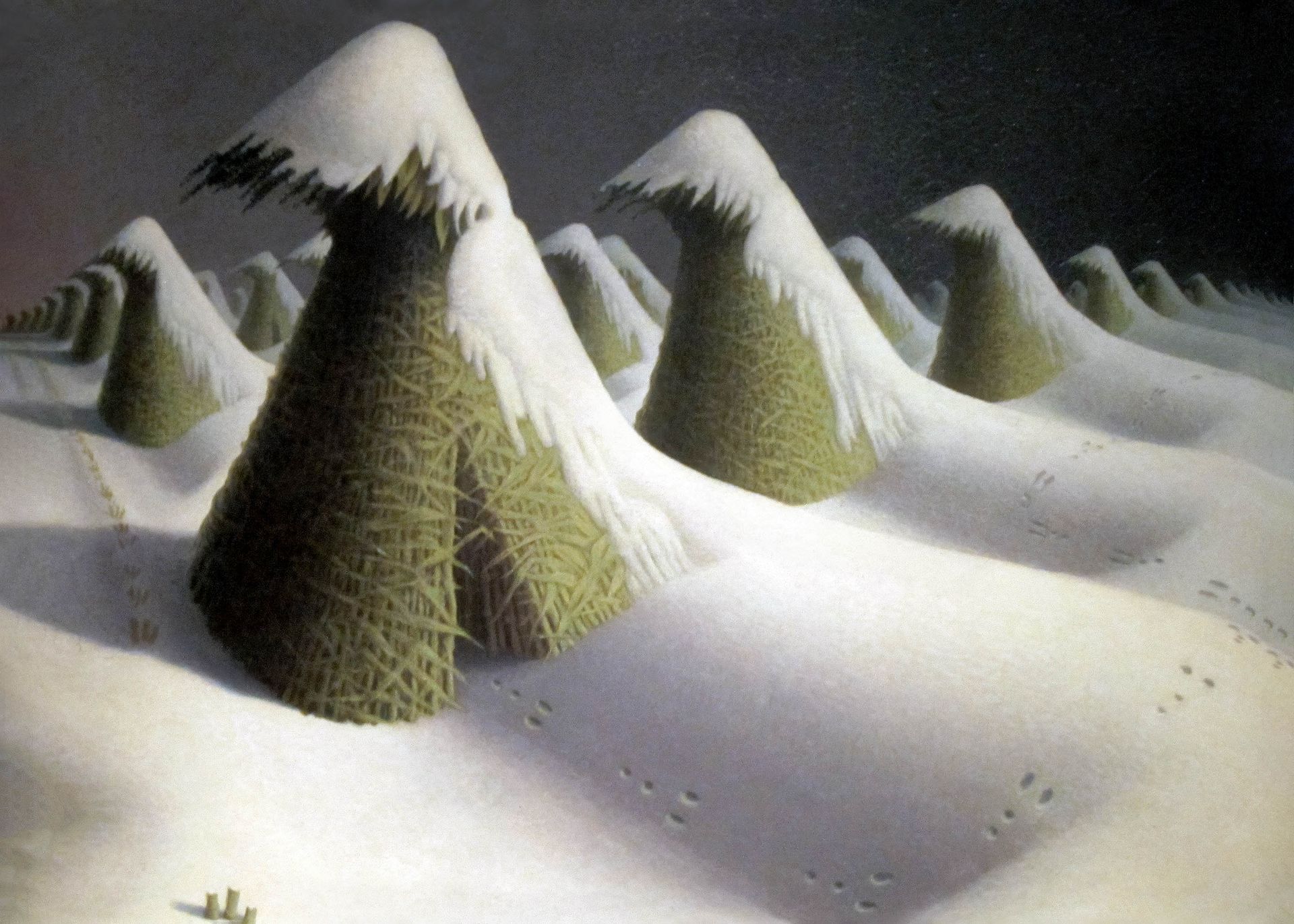 Plakat zimowy krajobraz kaktusy Grant Wood surrealizm