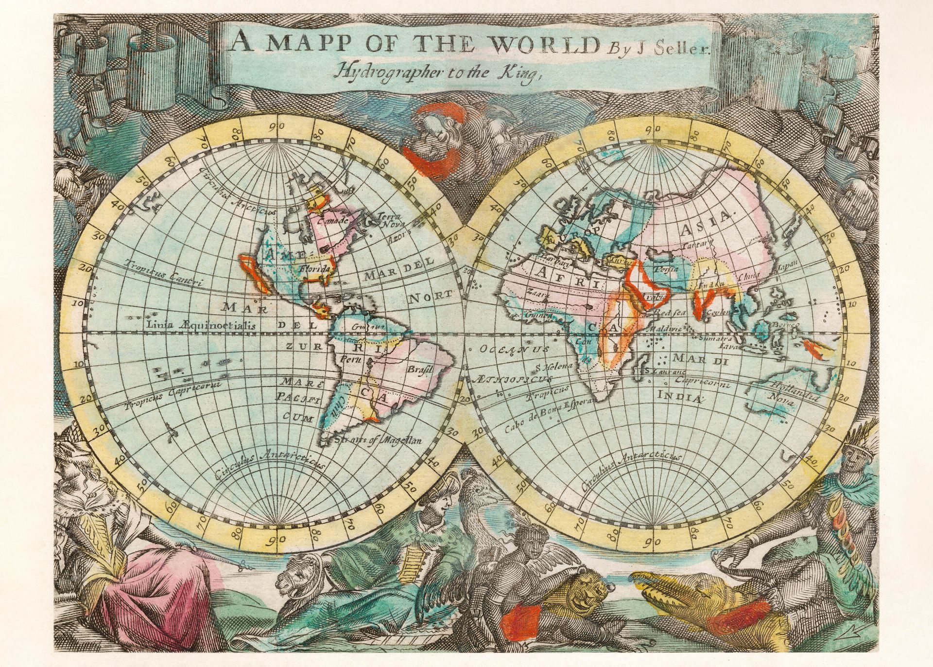 Plakat stara mapa świata XVII wiek J. Seller kartografia vintage