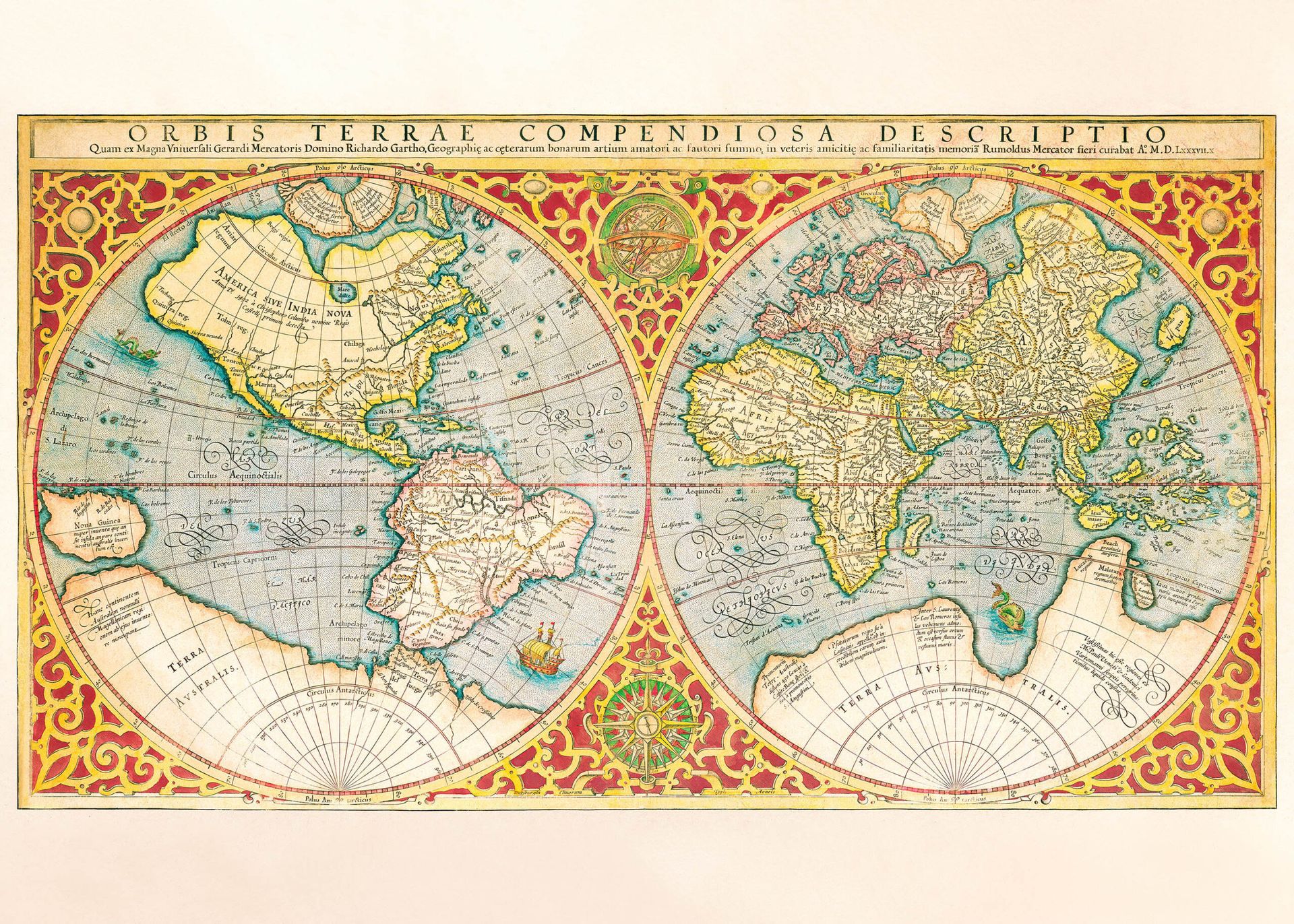 Plakat stara mapa świata XVI wiek 1587 Orbis Terrae Mercator
