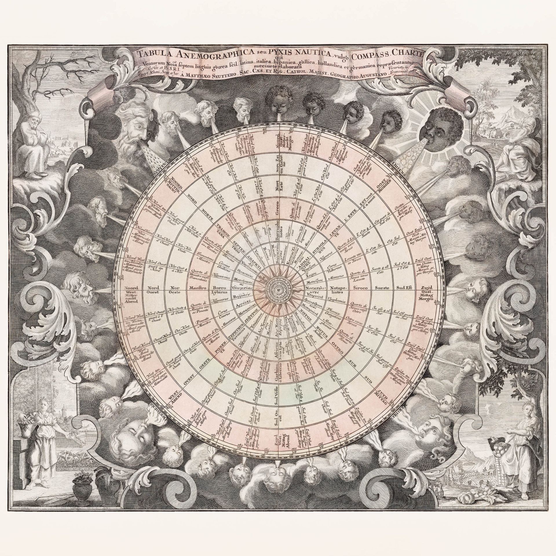 Plakat XVII-wieczna mapa kompasu morskiego róża wiatrów vintage