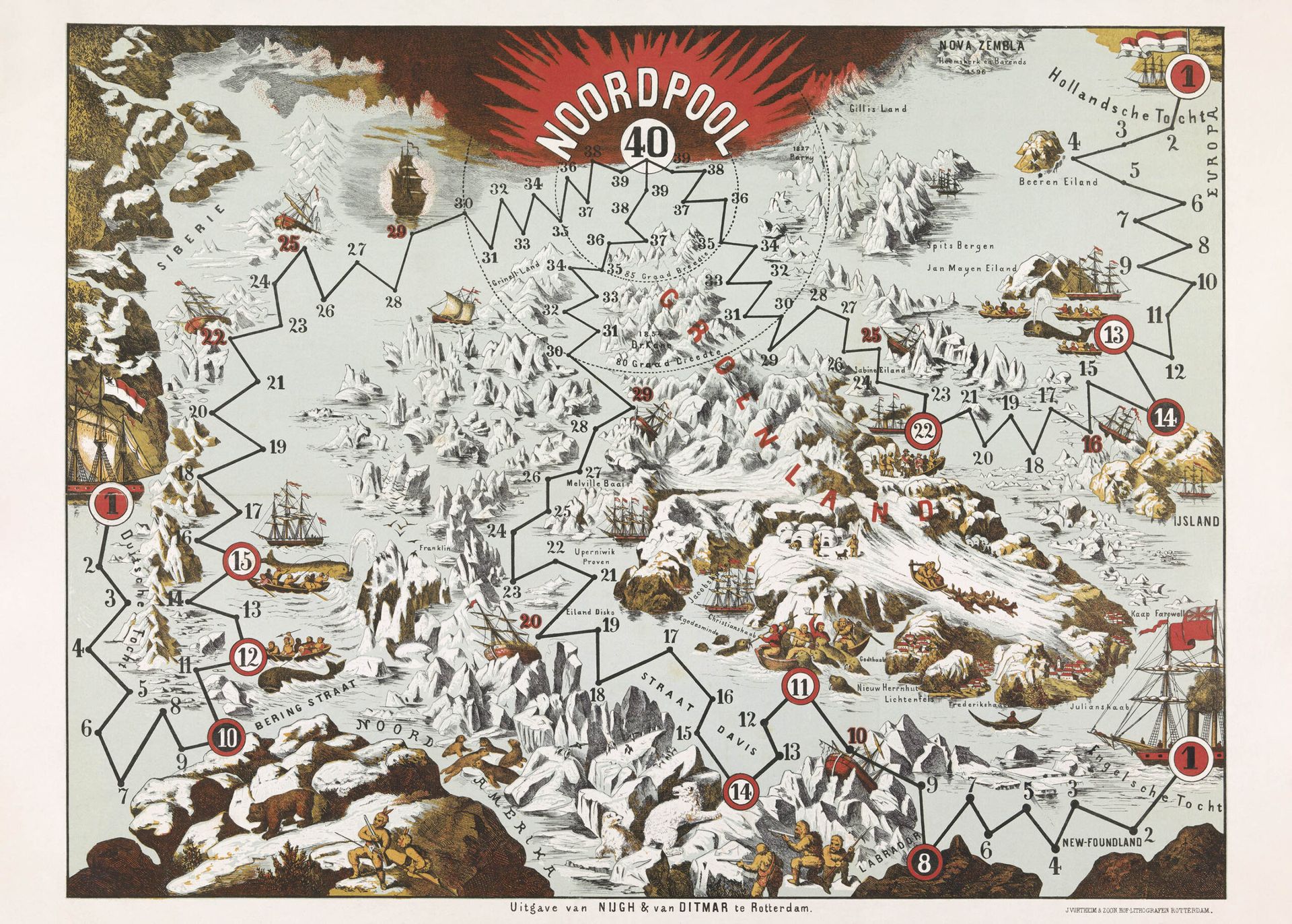 Plakat mapa-gra planszowa arktyczna Noordpool 40 z 1652 roku