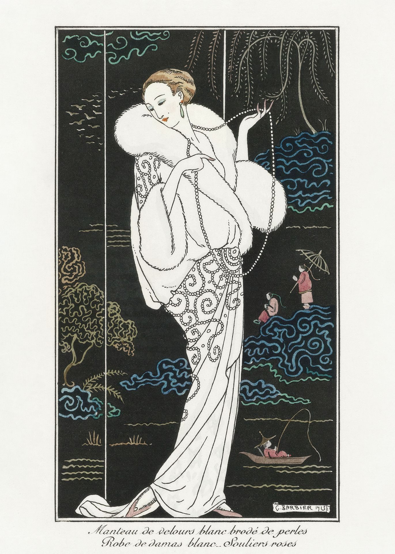 Plakat Art Deco George Barbier elegancka dama z perłami