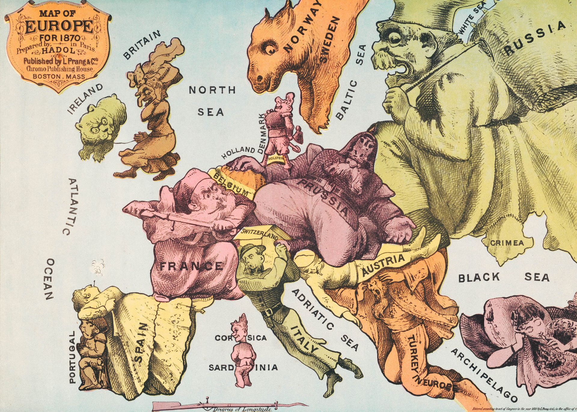 Plakat satyryczna mapa Europy 1870 vintage antyczna