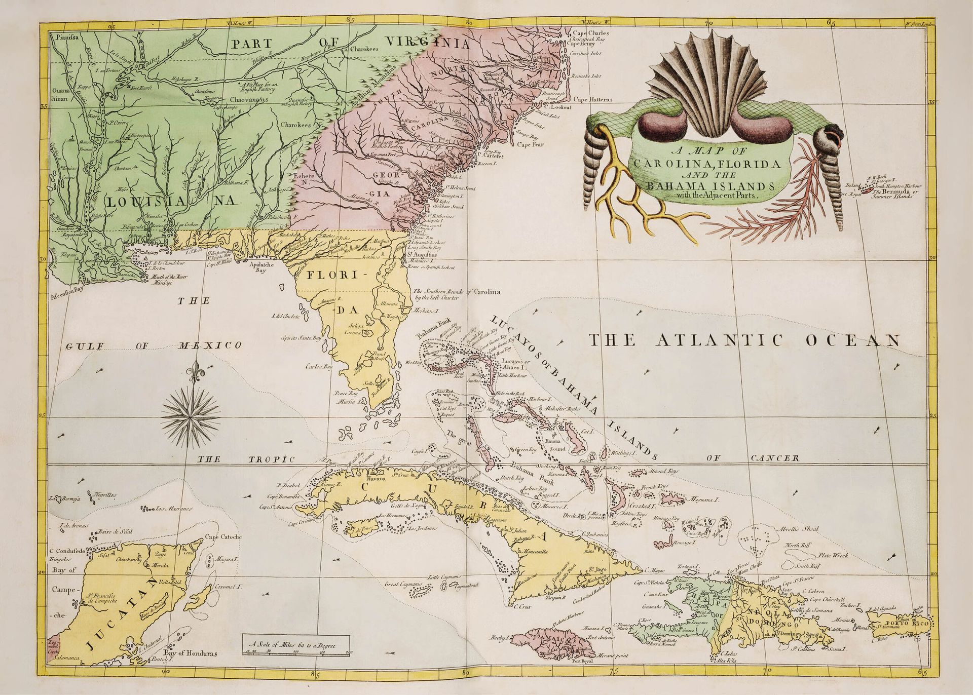 Plakat vintage do gabinetu historyczna mapa USA Karolina Floryda Bahamy XVIII w.